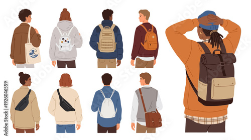 Fashionable Diverse People Wearing Different Bags - Backpacks, Tote, Fanny Packs, Messenger Bag Vector Set