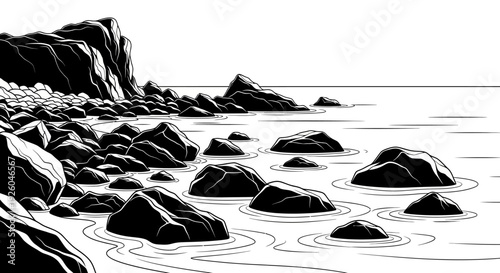 Monochromatic line art illustration of a rugged rocky coastline, ocean water gently meeting the shore, depicting a serene natural seascape.