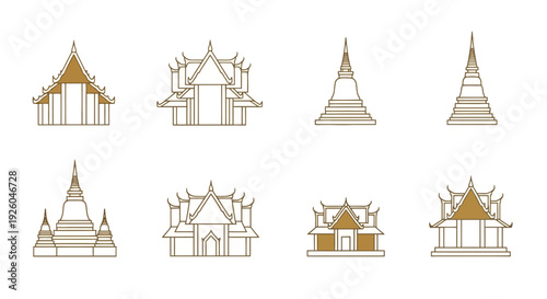 Collection of Traditional Asian Architectural Buildings and Temples with Golden Accents