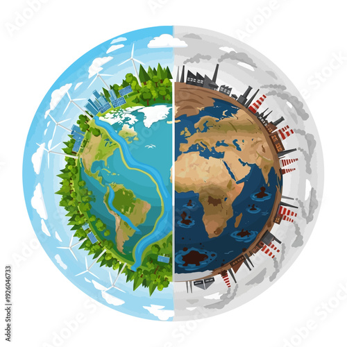 Earth divided: Green eco-friendly planet vs. polluted industrial world