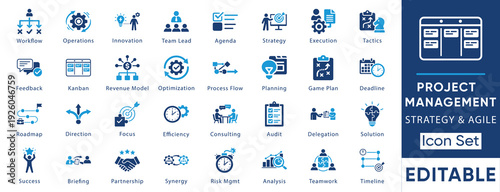 Organizational workflow and process planning symbols. Vector glyph collection for structural diagram, task scheduling, and project timeline.