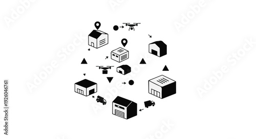 Modern logistics and delivery systems with drones and trucks navigating a network of warehouses