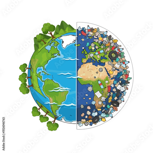 Earth divided: green planet vs. polluted planet with trash and waste