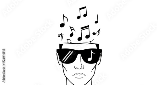 Man with sunglasses and musical notes emerging from head.