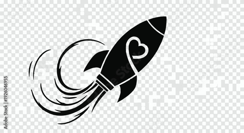 Dynamic black rocket icon with a heart symbol integrated, representing launch, love, aspiration, and rapid progress towards success and innovation