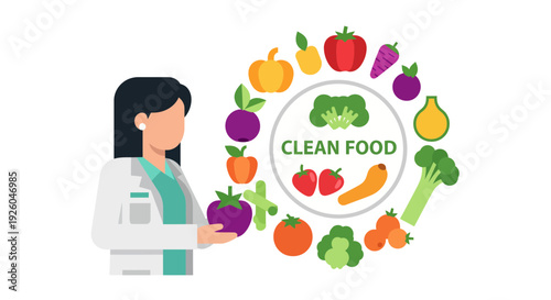 Nutrition expert presenting clean food options with fresh vegetables and fruits