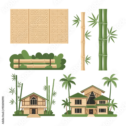 Diverse vector collection of bamboo architectural structures, fences, and natural plants for tropical design projects