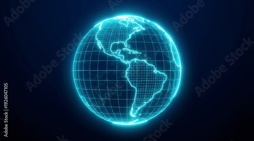 Digital Wireframe Earth Globe with Glowing Blue Grid and Americas Map on Dark Background, Representing Global Technology and Connectivity