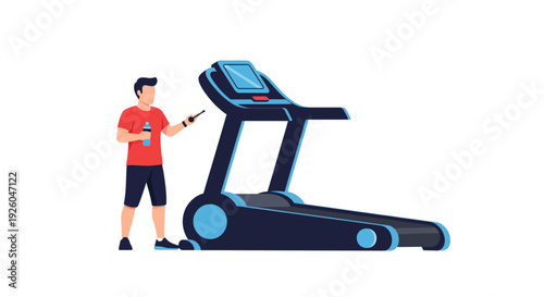 Man taking a break from running on treadmill with water bottle