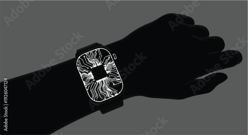Sleek silhouette illustration of an arm wearing a cutting-edge smartwatch with an illuminated circuit board design