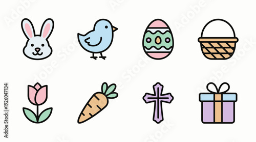 Design a cohesive set of minimalist Easter-themed vector icons including bunny, chick, egg, basket, tulip, carrot, cross, and gift box. Monoline style, uniform stroke weight,