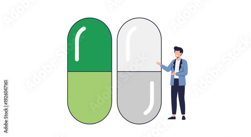 Businessman presenting large capsule pills in professional setting