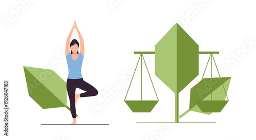 Woman in tree pose with green leaves and balance scale