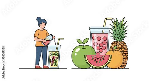 Woman preparing fresh fruit smoothies with juicy ingredients