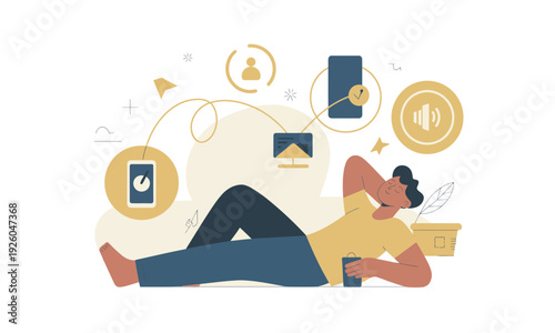 Relaxed young adult enjoying leisure time with mobile devices and media