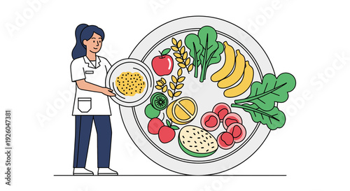 Nutritionist presenting healthy food options with fresh fruits and vegetables