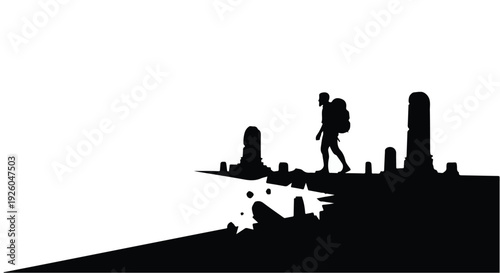 Stylized graphic depicting a solitary backpacker's determined journey across rugged, abstract terrain, symbolizing resilience, exploration, and the spirit of adventure