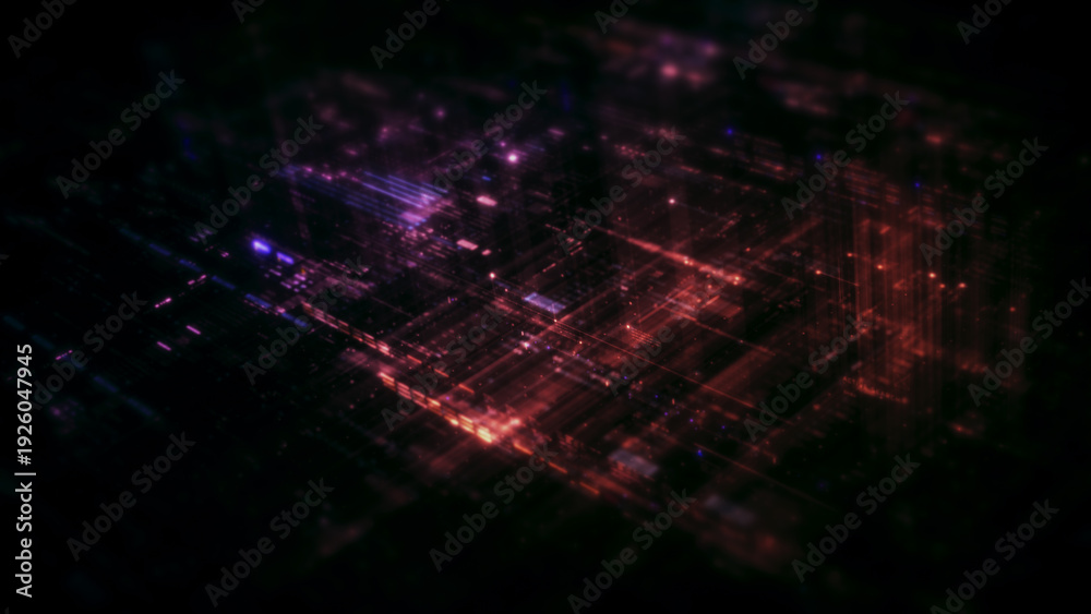 Obraz premium Futuristic digital data network with glowing cyber interface grids and dynamic light streams representing artificial intelligence, cybersecurity, fintech systems, blockchain infrastructure, and cloud 