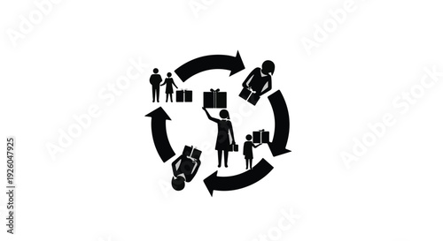 Circular process of goods delivery with people carrying packages, symbolizing efficient supply chain management and continuous commercial distribution flow