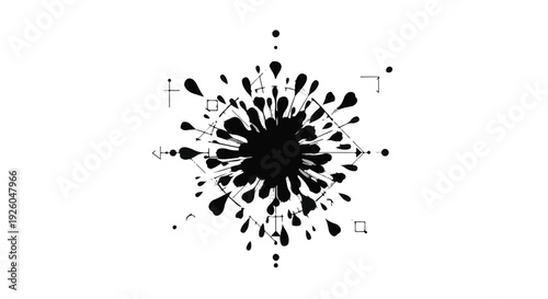 Abstract Black Ink Splatter Bursting Outward in a Radial Pattern on a White Background