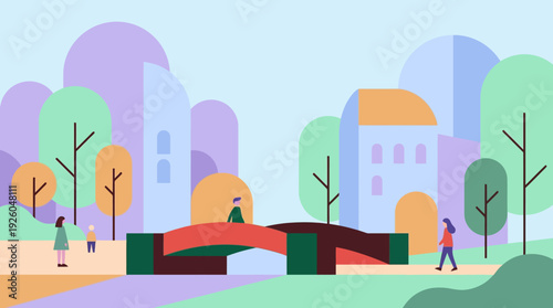 Vibrant Flat Design City Park Scene: People Walking, Bridge, and Buildings with Modern Architecture