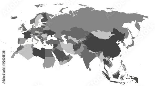Grayscale Political Map of Europe and Asia with Countries Delineated for Global, Business, and Educational Projects
