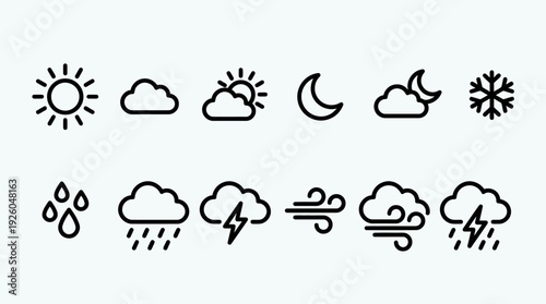 Weather Icons Set: Sun, Cloud, Rain, Snow, Wind, Thunderstorm - Outline Style Vector Pack for Forecast Apps, Websites & UI Design