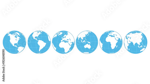 Six Blue Earth Globes Displaying World Continents and Global Perspectives on White Background