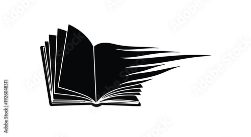 Modern graphic of an open book with pages transforming into dynamic speed lines, symbolizing fast knowledge acquisition and efficient learning