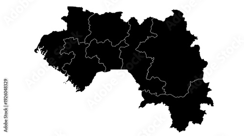 Guinea Map Black Silhouette with Administrative Divisions on White Background - Political and Geographical Vector Illustration