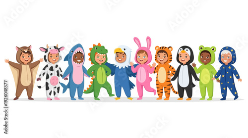 Happy Diverse Kids in Playful Animal and Character Costumes. Smiling Children Dressed Up for Fun and Imagination.