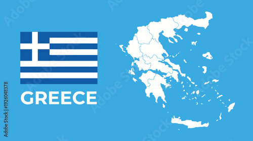 Greece National Flag, Geographic Map with Administrative Borders, and 'GREECE' Text on Blue Background