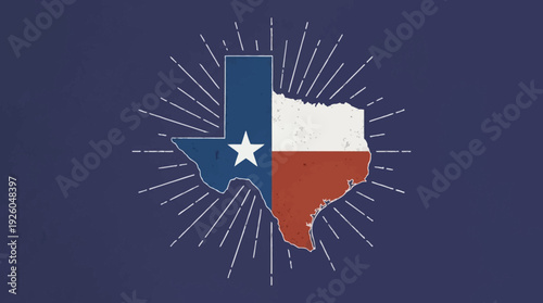 Vintage Texas Map with Lone Star Flag Design and Sunburst Rays on Dark Blue Background - Retro State Pride Illustration