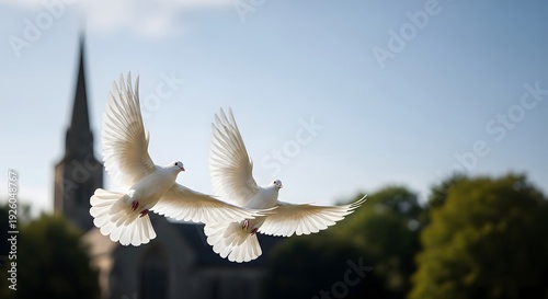 Two elegant white doves flying gracefully against a blue sky, symbolizing peace and remembrance for a funeral concept