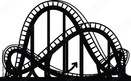 Black roller coaster silhouette with complex loops and tracks isolated on white background for amusement park and fairground adventure themes.
