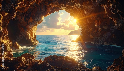 Stunning Ocean View from Inside a Secluded Coastal Cave at Sunset.