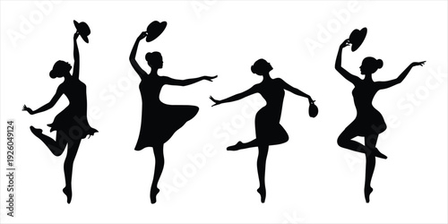Ballet Dancers Silhouettes in Various Poses with Hats on White Background Keywords: ballet, dancer, silhouette, woman, female