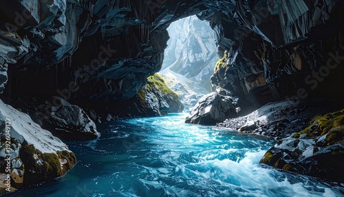 Mystical Blue River Flowing Through a Dark Cave with Bright Opening.