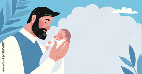 Father holding a newborn baby. A man with a baby in his arms. Father s Day poster. Flat vector illustration with copy space for text. Concept of fatherhood and raising children.