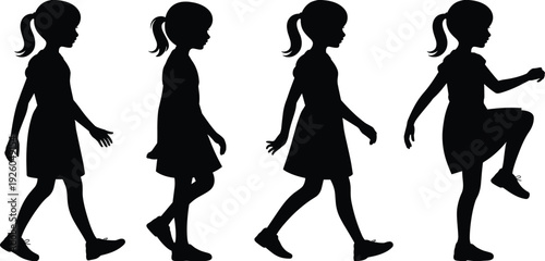 Black silhouette of a young girl with a ponytail walking and marching in various poses isolated on a white background.