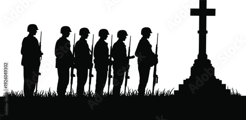 Black silhouette of soldiers standing in line before a large memorial cross in a field for military remembrance and honor.