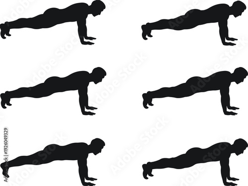 Black silhouette sequence of a man performing pushups for fitness training strength exercise workout routines and healthy lifestyle conceptual design.