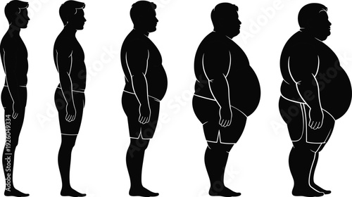 Black silhouette sequence of male body transformation showing stages of weight gain from athletic and slim to overweight and obese.