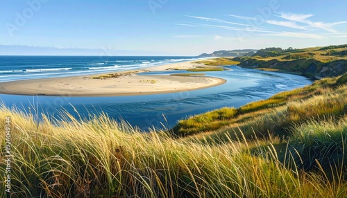 Serene Coastal Landscape with Sandy Beach and Grasses.