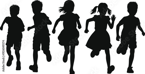 Black silhouettes of a diverse group of happy children and students running forward together for school sports and outdoor play.
