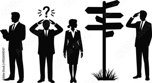 Black silhouettes of business people standing near a multi-directional signpost for decision making, leadership, and professional career guidance themes.