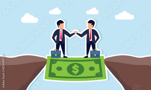 Two businessmen shaking hands on dollar bridge across cliff illustration of business solution and attracting new investor