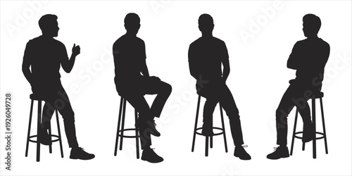 Four Male Silhouettes Seated on Stools in Different Poses and Gestures sitting