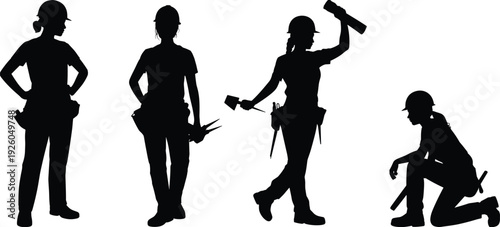 Black silhouettes of female construction workers wearing hard hats and tool belts for industrial labor professional trade and empowerment concepts.