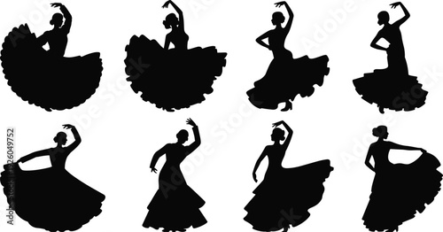 Black silhouettes of female flamenco dancers in traditional dresses performing expressive dance movements for cultural arts and Spanish heritage celebrations.